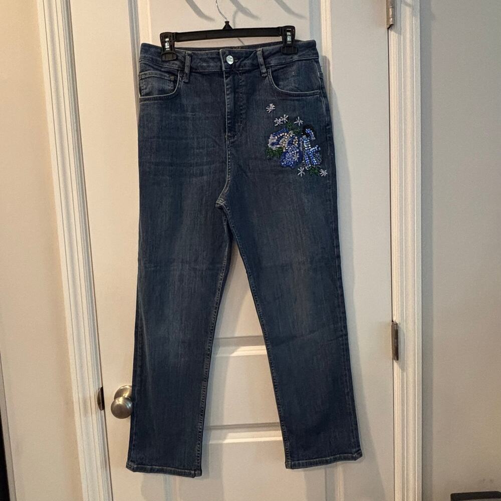 LIU JO Milano Women’s Size 30 Embellished Beaded Floral Straight Leg Jeans Blue